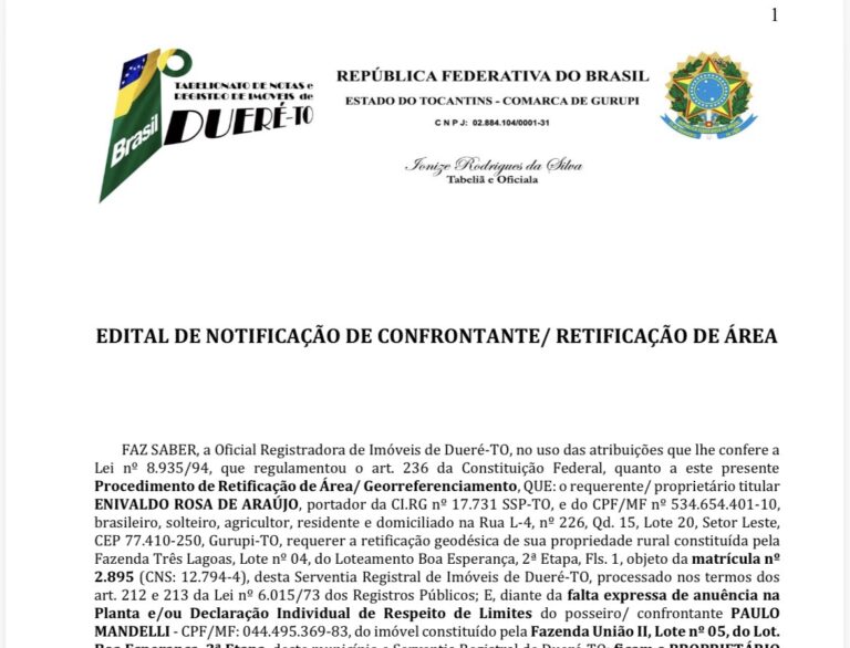 EDITAL DE NOTIFICAÇÃO DE CONFRONTANTE/ RETIFICAÇÃO DE ÁREA edital-de-notificacao-de-confrontante/-retificacao-de-area