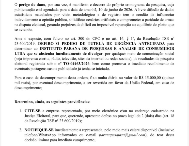 eleicoes-2026:-justica-eleitoral-mantem-suspensao-de-pesquisa-do-instituto-parana-no-tocantins