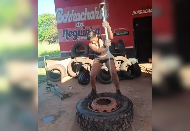 mulher-chama-atencao-nas-redes-sociais-ao-encarar-servico-pesado-em-borracharia-no-to;-video